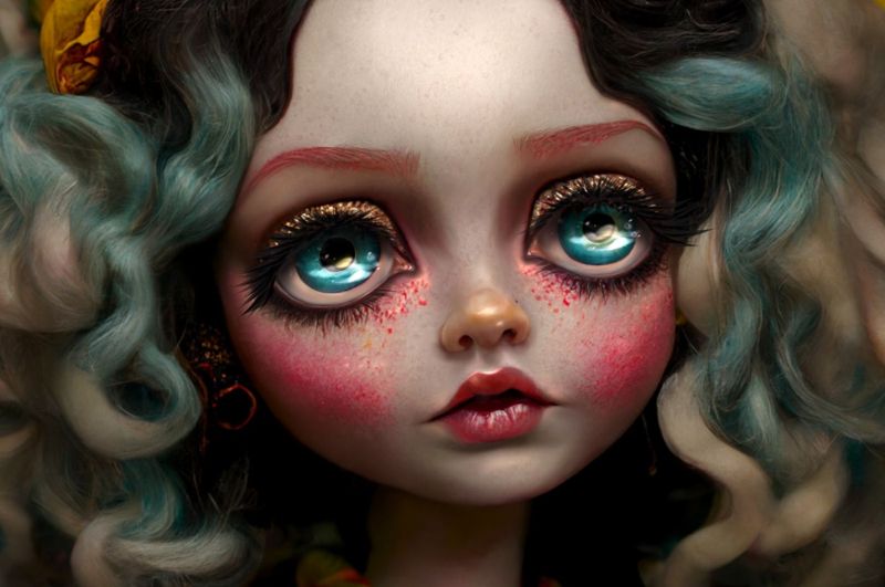 Closer view of the doll's face: huge teal eyes, glitter on the lashes, pink flushed freckled cheeks and a small red mouth framed by teal curls.