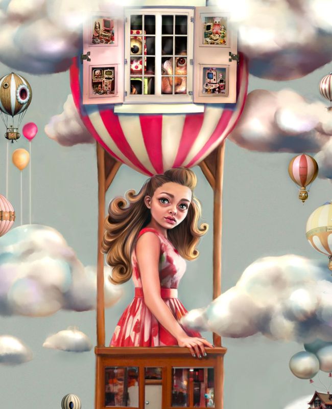 Closer view of the striped balloon with its shuttered house windows and the girl in the red dress leaning on the basket below.