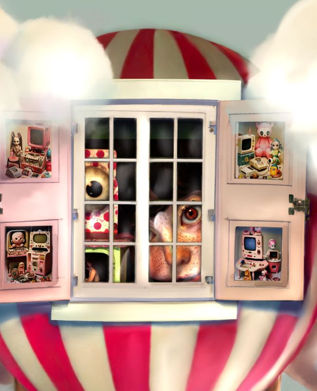 Close up detail of the open shuttered windows in the balloon: tiny furnished rooms on each side and one enormous eye looking out through the panes.