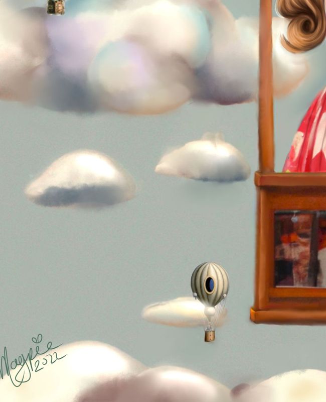 Close up of the lower left: a small balloon drifting over soft clouds with the Magpie 2022 signature in green script.