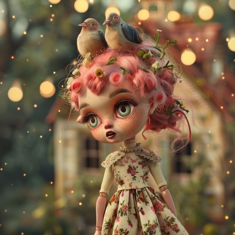 Closer view of the doll from the waist up: two songbirds on her pink pin curls, big grey green eyes, freckles and a floral dress with a lace collar.