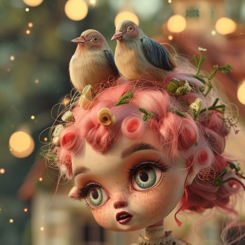 Close up detail of two songbirds perched in pink pin curls woven with twigs and tiny flowers, above wide grey green eyes.