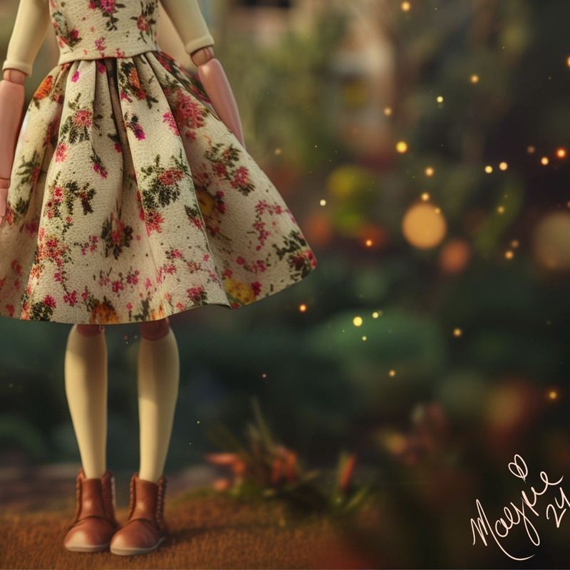 Close up of the lower right: the hem of the floral dress, cream stockings and brown boots in the glowing garden, with the Magpie 24 signature in white script.