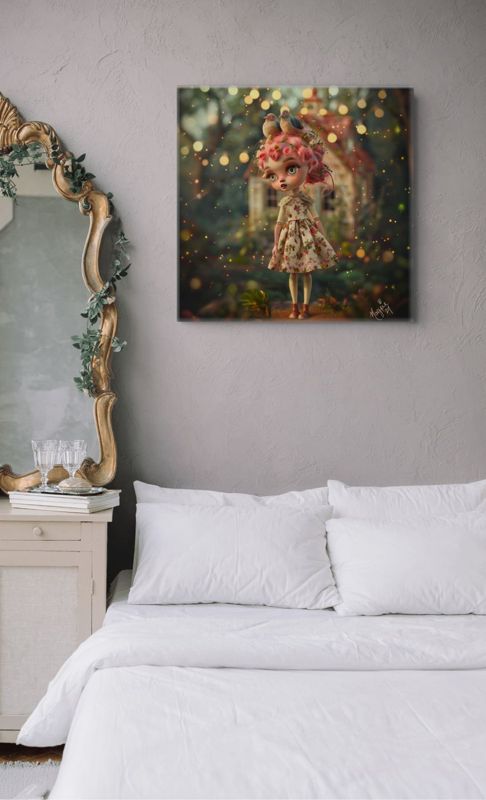 The doll with birds in her hair canvas hung on a grey wall above a white bed beside an ornate gilt mirror.