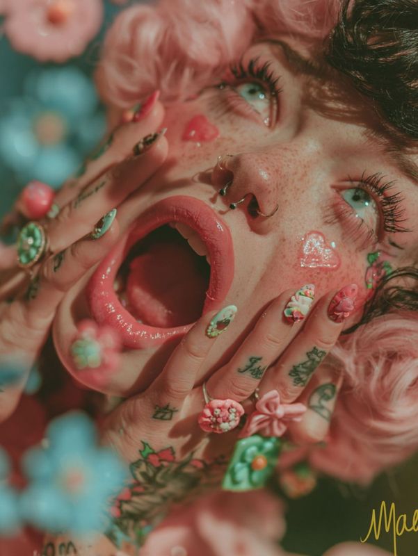 Closer view of the screaming face twisting into pink and blue flowers, wide green eyes and dark curls.