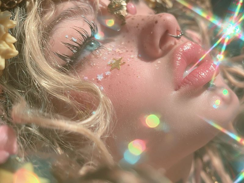 Closer view of the resting face with closed eyes, glossy lips and flowers in blonde hair, rainbow flares across the skin.