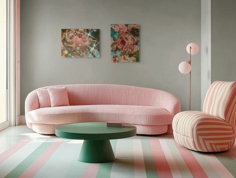 Both But Have You Considered prints hung together on a pale grey wall above a curved pink velvet sofa with a rose gold floor lamp.