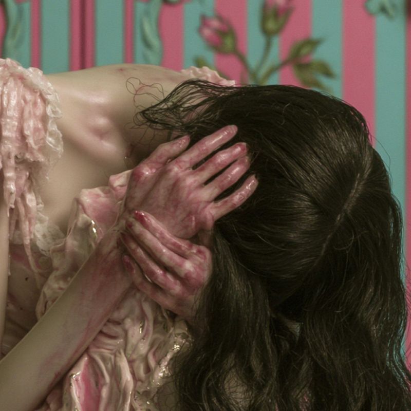 Close up detail of pale hands streaked with pink pressed into long dark wavy hair, a melting pink ruffle at the shoulder.