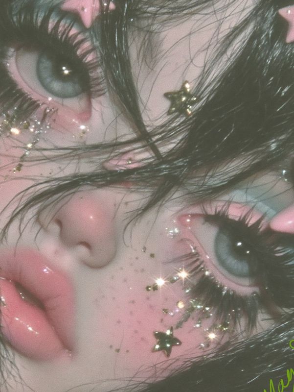 Closer view of the tilted doll face: two huge grey blue eyes, glitter tears, a pink nose and glossy pout under strands of black hair.