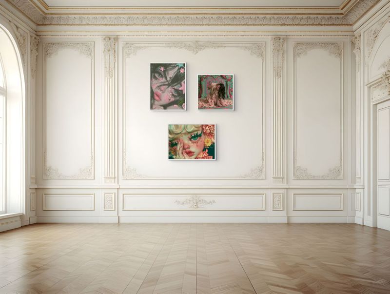 All three I Don't Know How to Be prints hung together above a black velvet sofa on a deep teal wall with exposed brick.
