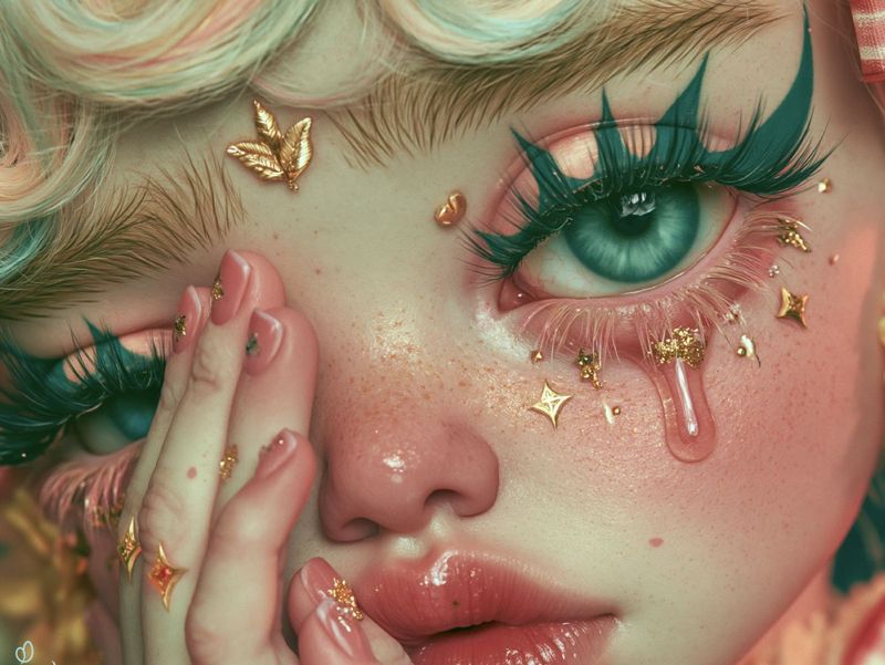 Closer view of the girl's face with one green eye, teal lashes, a dripping tear and hands pressed to her cheeks.