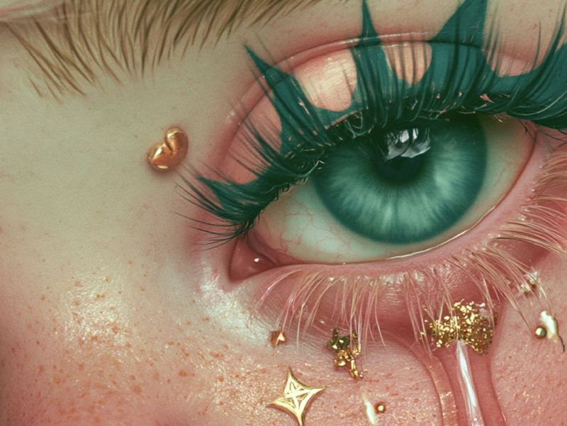 Close up detail of the huge green eye with teal painted lashes, gold stars on the skin and a glossy resin like tear.