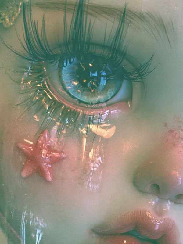 Detail of one huge glassy blue doll eye with long dark lashes, a pink star sticker on the cheek below it and wet glossy tears.