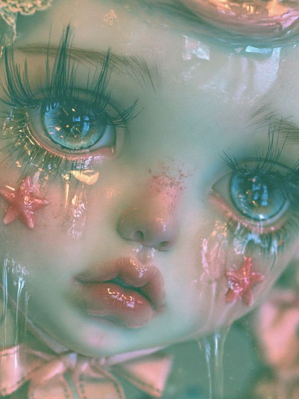 Detail of the doll face: both blue eyes, star stickers on flushed cheeks, glossy parted lips and tears running to the chin.