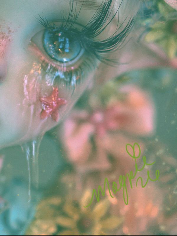 Detail of the lower corner showing soft blurred pink bows and flowers in teal light with the green Magpie signature.