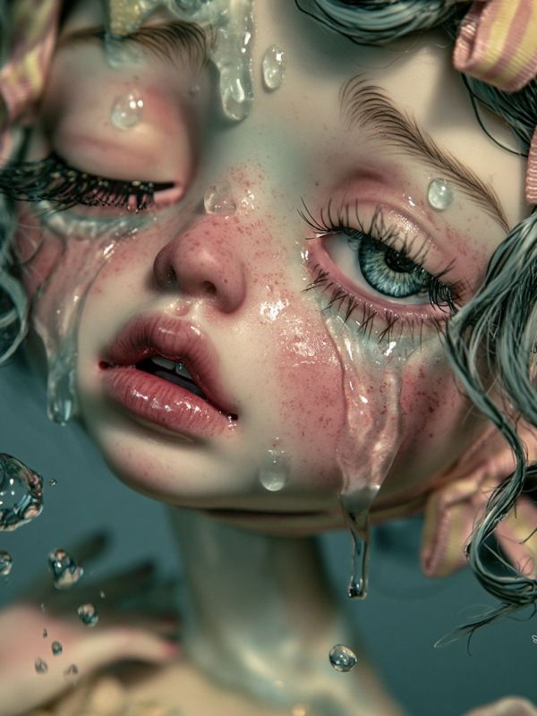 Closer view of the freckled face, one eye closed and one blue eye open, glossy tears running down both flushed cheeks to the jaw.