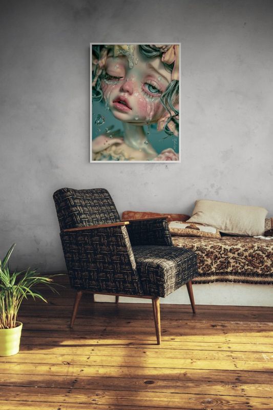 The crying girl print in a thin white frame on a grey plaster wall above a woven mid century armchair and a daybed, sunlit wood floor.