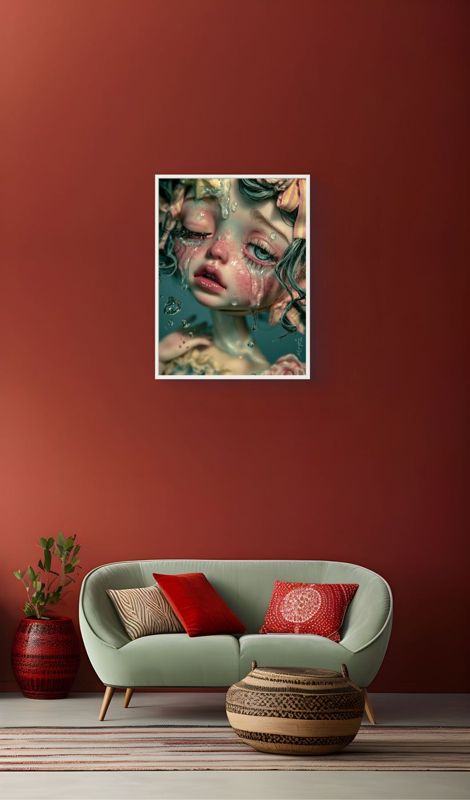 The crying girl print in a thin white frame on a deep terracotta red wall above a sage green loveseat with red cushions and a woven pouf.