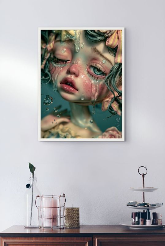 The crying girl print in a thin white frame on a bright white wall above a dark wood sideboard with a glass lantern and a small tiered stand.
