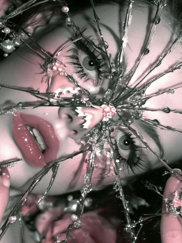 Detail of the point where the mirror shattered, cracks radiating between one grey eye and glossy rose pink lips, pearls along the breaks.
