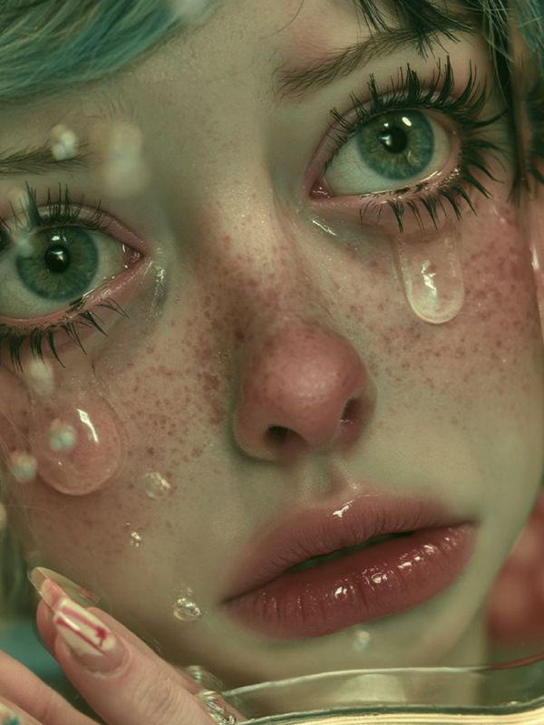 Detail of a freckled face with a wide green eye, rosy nose, glossy lips and one large tear on the cheek, gold frame edge below.