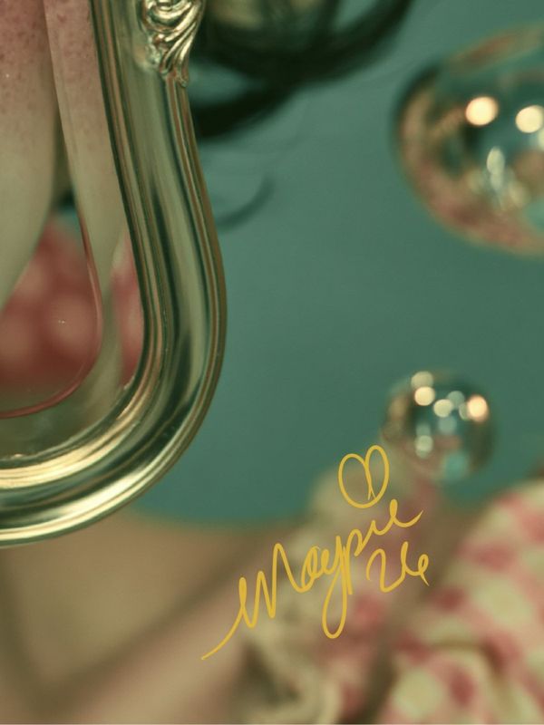 Detail of the curved gold frame corner against teal with a floating bubble and the yellow Magpie signature.