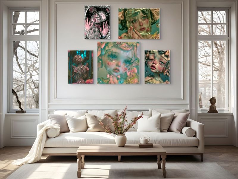 All five I Have Loved So Much prints hung together as a gallery wall above a cream sofa in a bright paneled living room with tall windows: the crying doll in the center, the broken mirror, the gold frame girl, the fence and the crying girl around it.