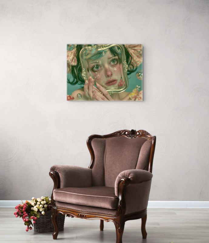 The landscape print of a crying girl looking through a gold frame hung on a soft plaster wall above a carved brown velvet armchair and a basket of roses.