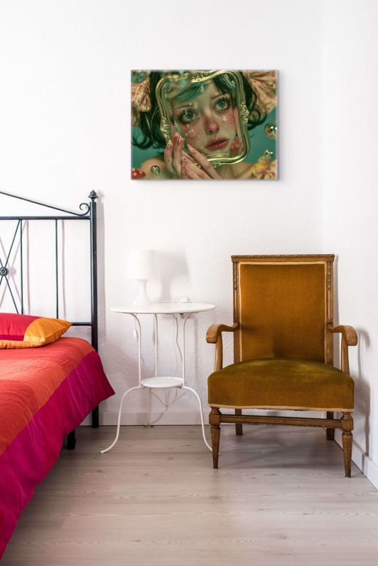 The crying girl with gold frame print hung on a white bedroom wall above a mustard velvet chair, beside an iron bed with a bright pink and orange cover.