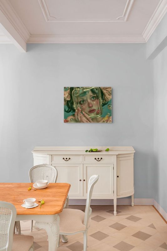 The crying girl with gold frame print on a pale blue dining room wall above a cream sideboard, with a small table set for tea.