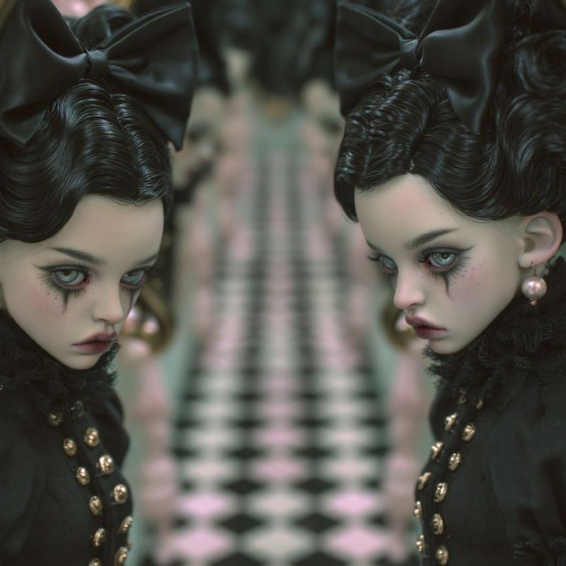 Closer view of the two identical dolls in black bows and high collars on either side of the checkered hallway.