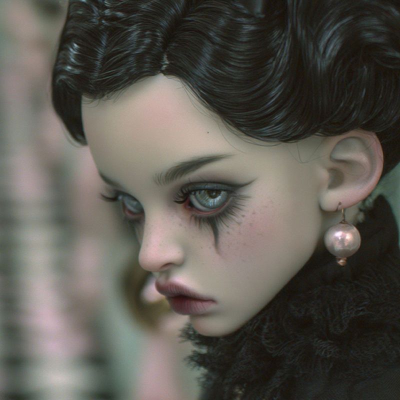 Close up detail of one doll's face: smudged dark eye makeup, downcast grey eyes, dark lips and a pearl earring under a black satin bow.