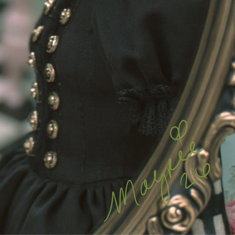 Close up of the lower right corner: black skirt and gold frame edge with the Magpie signature in green script.