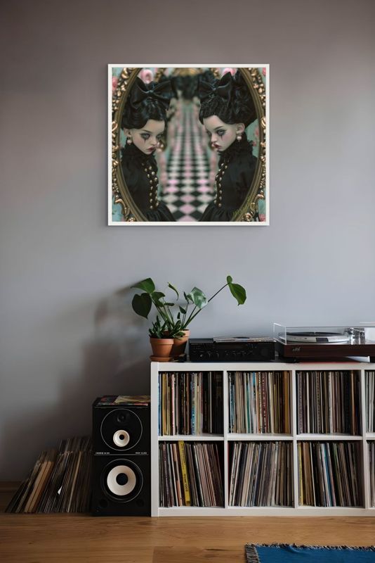The gothic twin dolls print hung on a grey wall above shelves of records and a speaker.