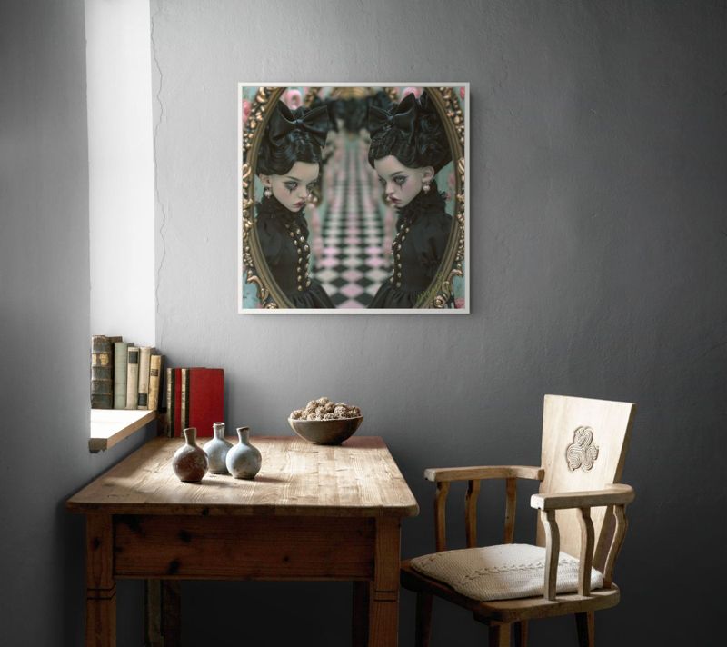 The gothic twin dolls print hung on a grey wall above an old wooden writing desk and chair with books and a lamp.