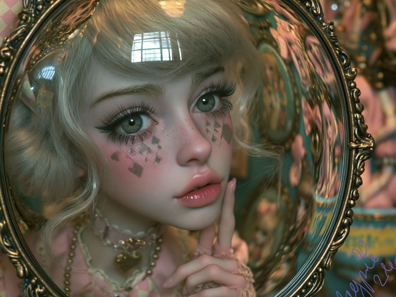 Closer view of the girl inside the domed glass mirror, green eyes wide, finger raised to glossy lips, pink diamonds under her eyes.