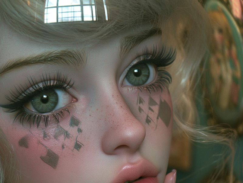 Close up detail of wide green eyes with long lashes and tiny pink diamond shapes scattered across freckled cheeks.