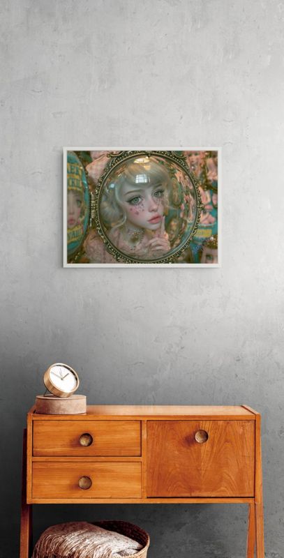 The girl in the glass mirror print hung on a grey wall beside a tall standing mirror and two wooden stools with plants.