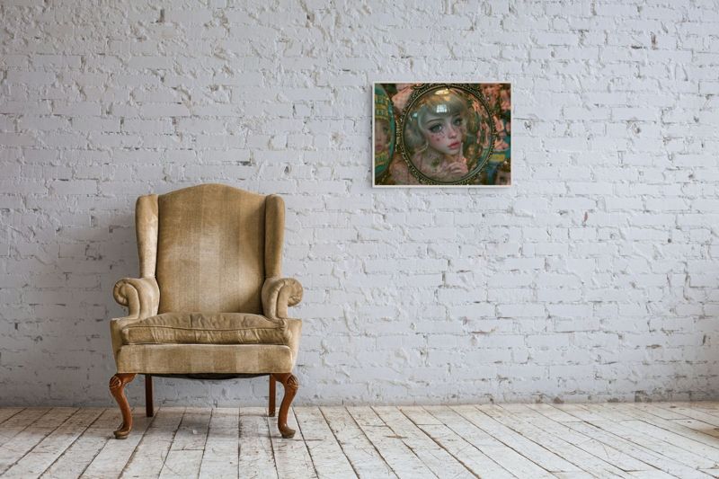 The girl in the glass mirror print hung on a grey wall above a small wooden dresser with a vintage lamp.