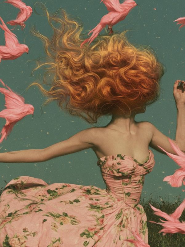 Closer view of the girl from behind, red hair lifting, arms out, pink birds flying up around her against the teal sky.