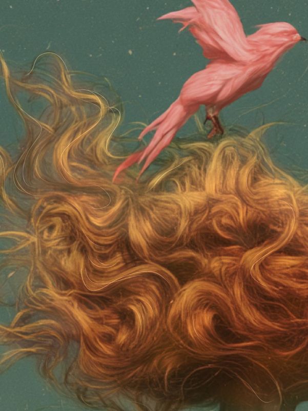 Close up detail of wind blown red curls and two pink birds against the teal sky.