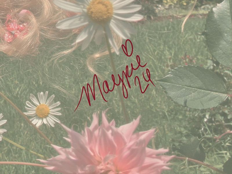 Close up of the lower right corner: white daisies and green grass with the Magpie signature in red script.
