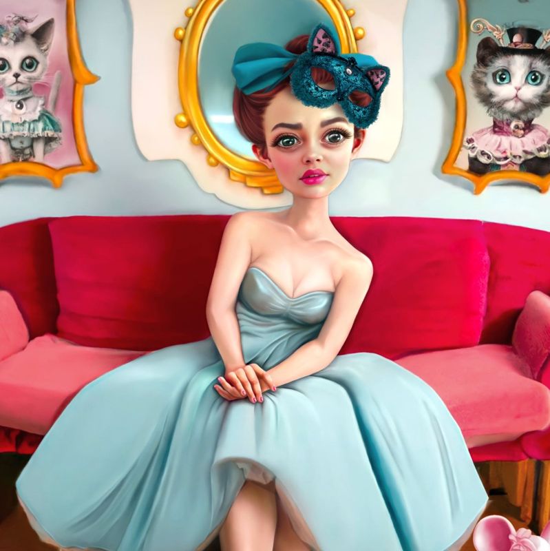 Closer view of the woman on the pink couch, hands folded on her blue dress, the cat mask on her forehead, cat portraits and the gold mirror behind her.