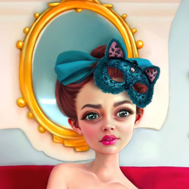 Close up detail of her face and the sequined teal cat mask with a big bow, reflected in the oval gold mirror.