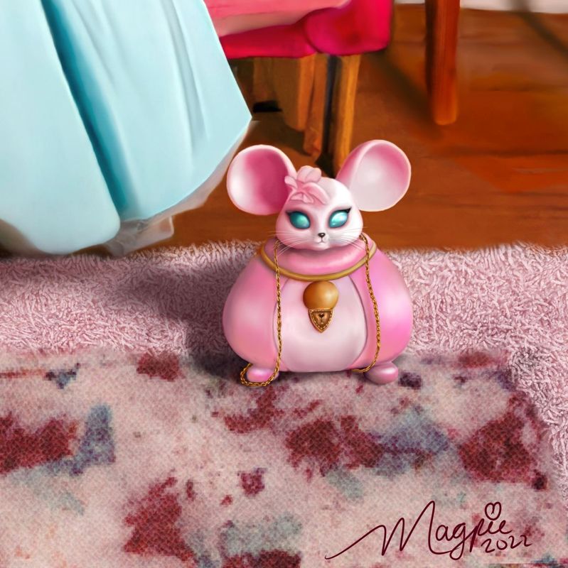 Close up of the lower right: the pink mouse shaped purse on the shaggy rug beside her white heels, with the Magpie 2022 signature in dark pink script.