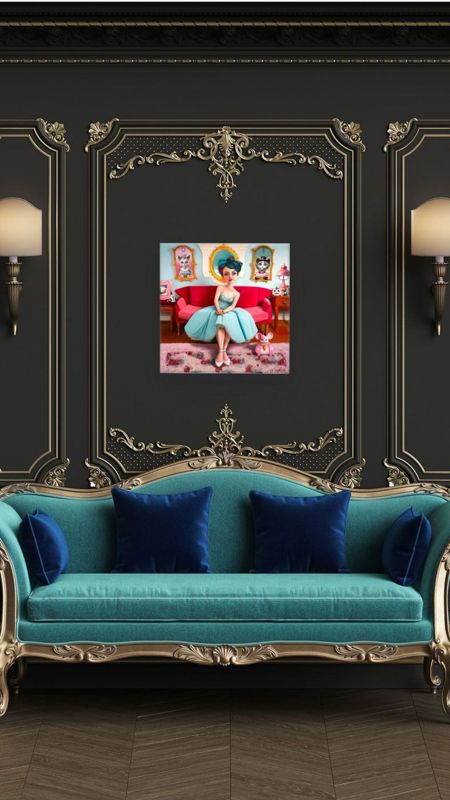 The woman on the pink couch canvas hung on a black paneled wall with gilt trim above a teal velvet sofa.