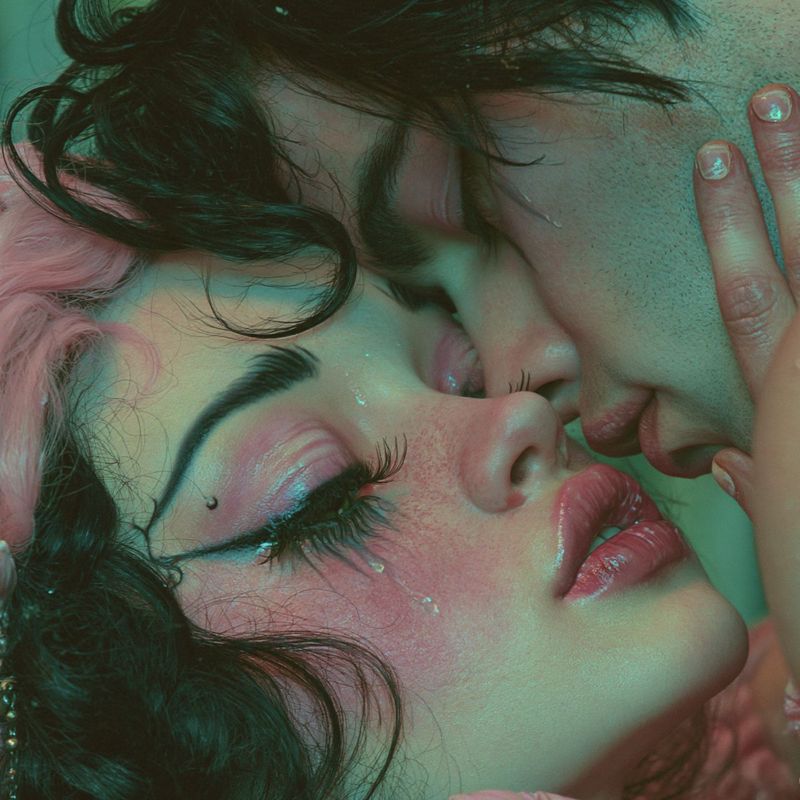 Closer view of the two faces nose to nose, her closed eye with winged liner and a tear, his dark curls falling across them both.