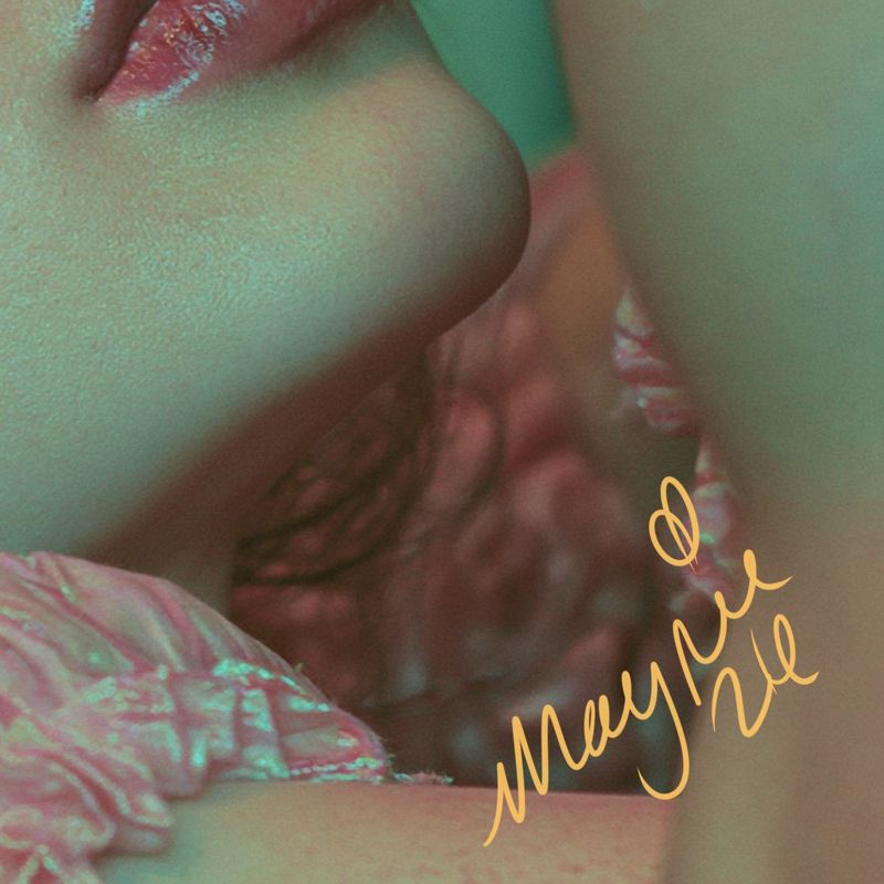 Close up of the lower right corner: a pink ruffled sleeve and soft shadow with the Magpie signature in gold script.