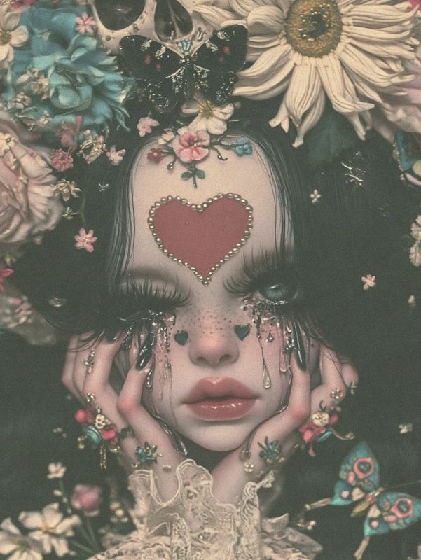 Closer view of the girl's face held in her hands beneath the skull and daisy crown, red heart on her forehead, jeweled tears on her cheeks.