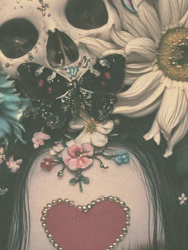 Close up detail of the crown: a small skull beside a large cream daisy, a black butterfly, dusty pink roses and blue blossoms.